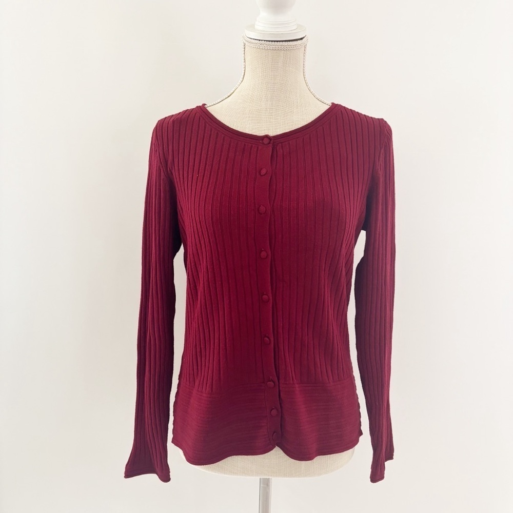 Roz & Ali Cardigan Petite L Burgundy‎ Ribbed Button Front Knit Sweater
